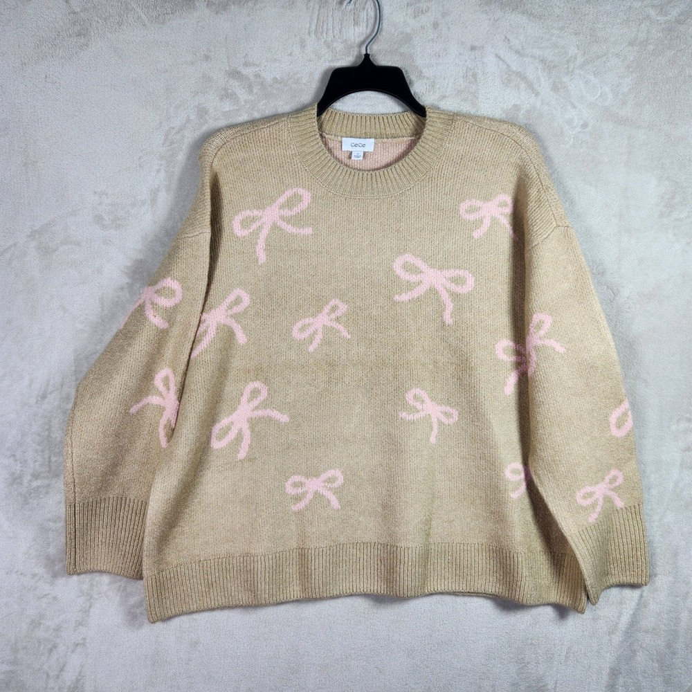 CeCe Bow Sweater Womens 3X Coastal Beige Pink Knit Pullover Coquette Cottagecore